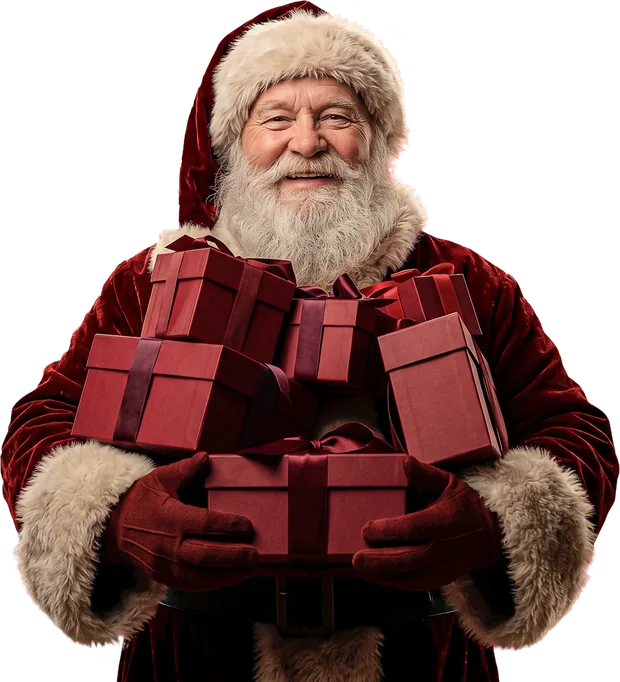 Papai Noel com os braços cheios de presentes
